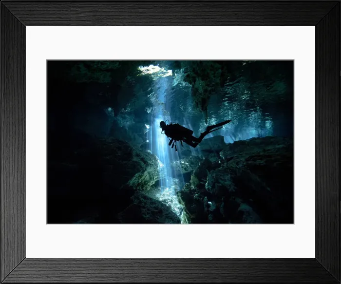 Framed Print : Scuba diver inside cenote in Mexico
