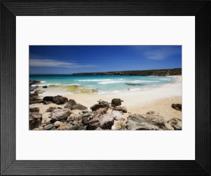 Framed Print : West bay. Rocks in foreground with water in background at West bay, Kangaroo island