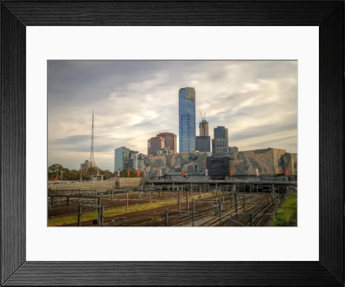 Framed Print : Melbourne train tracks, modern theatre and Eureka