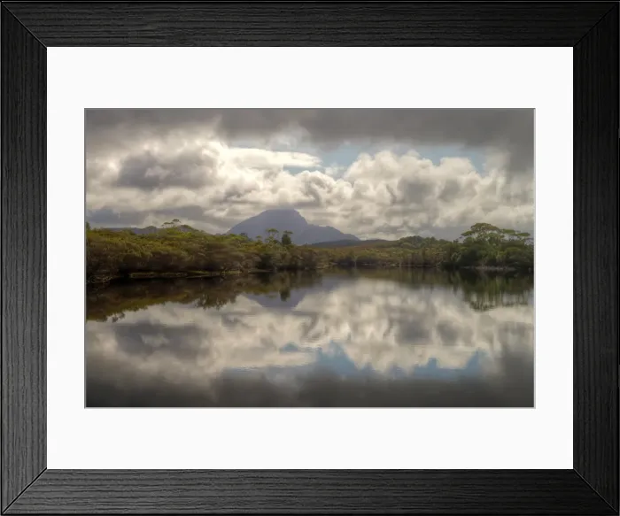 Framed Print : Still water mountain, trees and clouds reflections Framed Print : Still water mountain, trees and clouds reflections