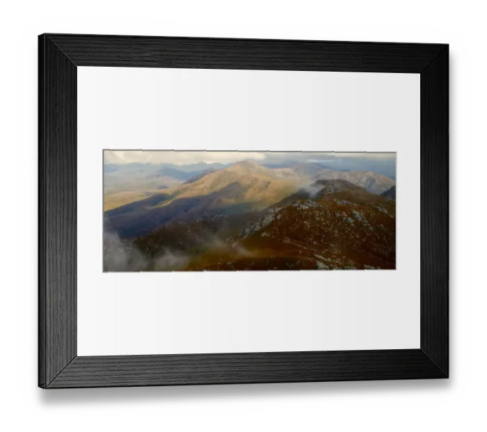 Framed Print : Tasmanian high mountain peaks in clouds