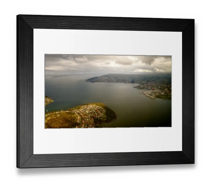 Framed Print : Aerial view of Hobart coastline on cloudy day Framed Print : Aerial view of Hobart coastline on cloudy day