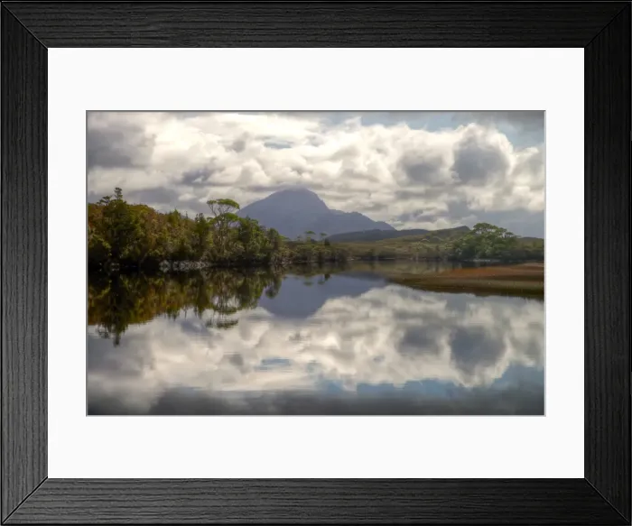 Framed Print : Still water mountain, trees and clouds reflections