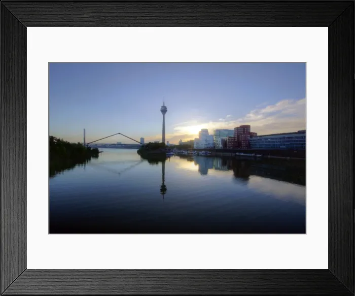Framed Print : Dusseldorf Rheinturm and Gehry-buildings Der Neue Zollhof in Hafen at sunrise