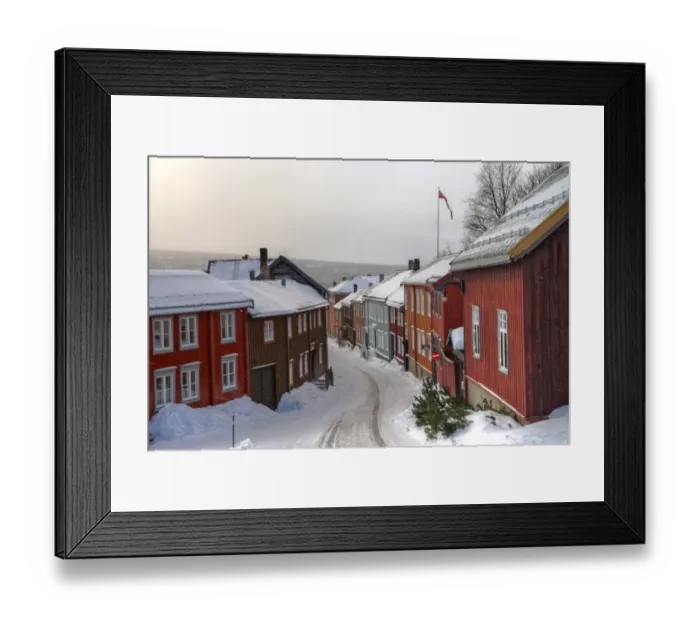 Framed Print : Roros old town colourful houses winter street Framed Print : Roros old town colourful houses winter street