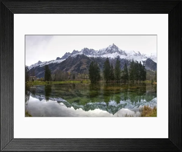 Framed Print : Chamonix valley high Alps water reflections