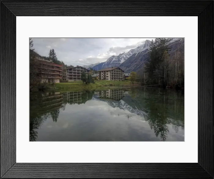 Framed Print : Chamonix holiday accommodation and Alps reflection Framed Print : Chamonix holiday accommodation and Alps reflection