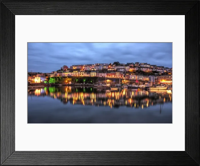 Framed Print : Brixham harbour evening old town reflections Framed Print : Brixham harbour evening old town reflections