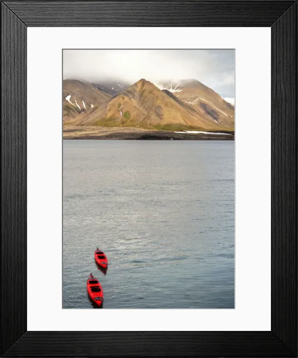 Framed Print : Red kayaks and Svalbard summer mountains Framed Print : Red kayaks and Svalbard summer mountains