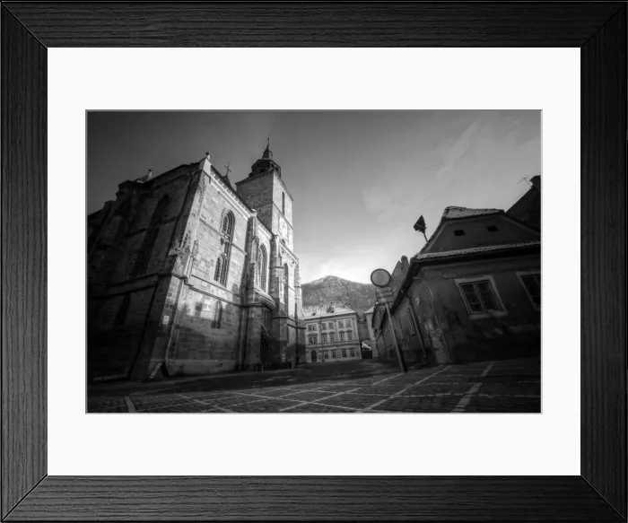 Framed Print : Brasov black church and old town and mountain view