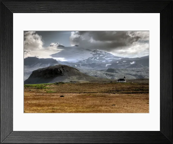 Framed Print : Snaefellsjokull volcano glacier and Hellnar church Framed Print : Snaefellsjokull volcano glacier and Hellnar church