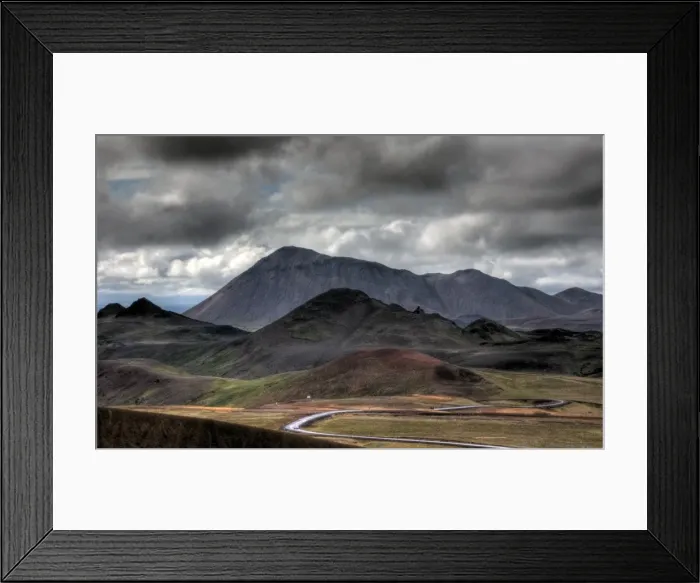 Framed Print : Myvatn picturesque mountain peaks and zigzag road Framed Print : Myvatn picturesque mountain peaks and zigzag road