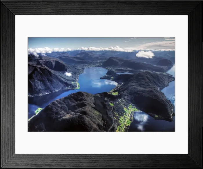 Framed Print : Aerial view of Sunmore deep fjords and mountains
