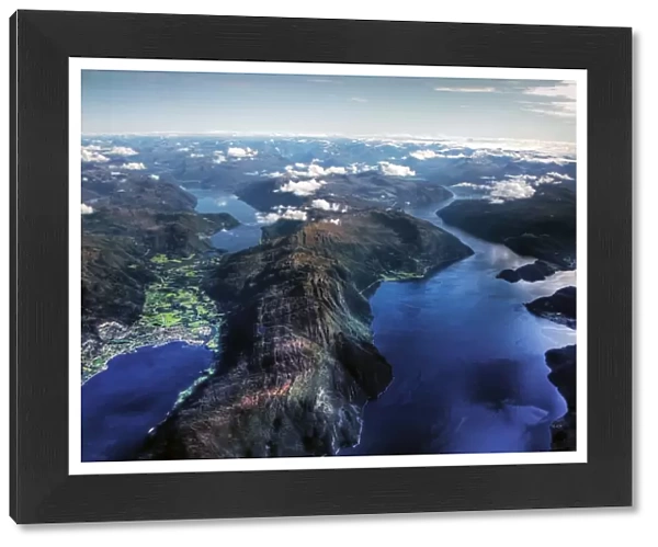Aerial view of Sunmore deep fjords and mountains
