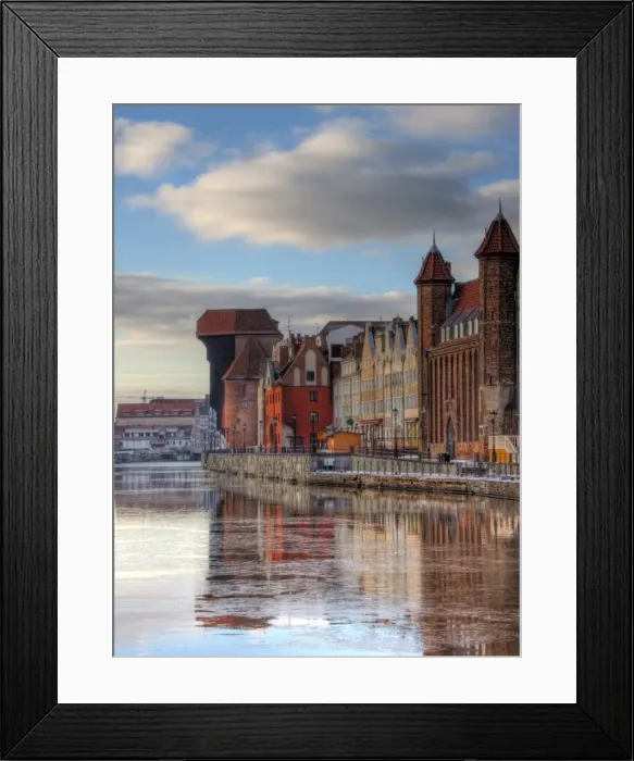 Framed Print : Gdansk Motlawa river bank with Crane Gate view Framed Print : Gdansk Motlawa river bank with Crane Gate view