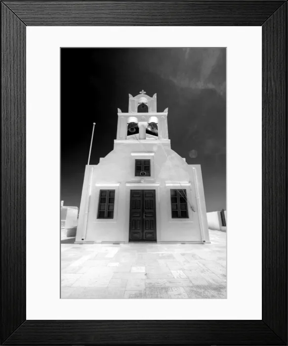 Framed Print : Oia Santorini old church close up in b&w