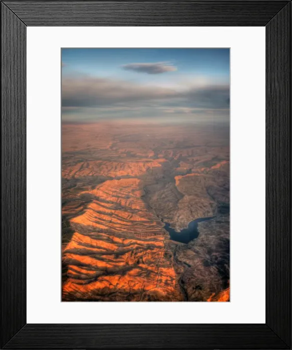 Framed Print : Arabian mountains and sands aerial sunset view