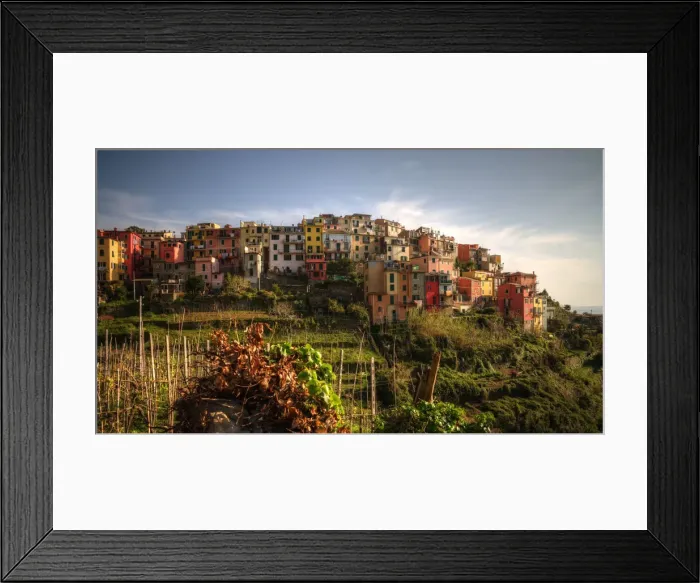 Framed Print : Corniglia colourful old town on cliff sunset view Framed Print : Corniglia colourful old town on cliff sunset view