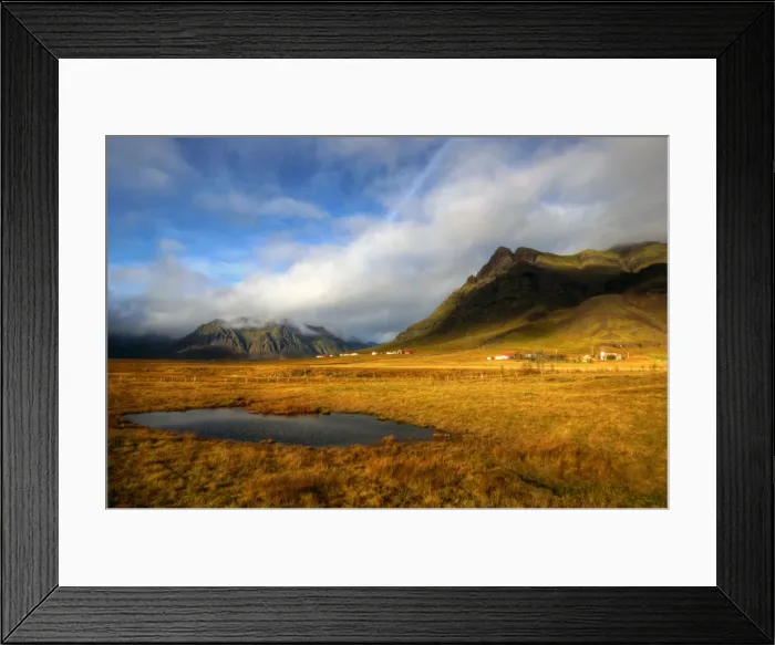 Framed Print : Icelandic houses rocky mountains and yellow grass Framed Print : Icelandic houses rocky mountains and yellow grass