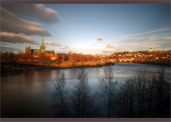 Trondheim Cathedral and city centre golden colours