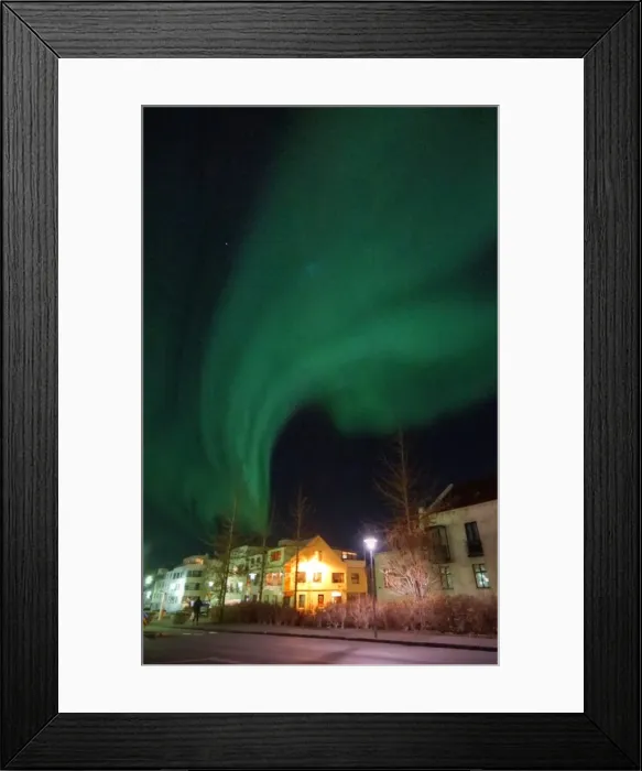 Framed Print : Reykjavik modern architecture apartment blocks and aurora borealis northern lights