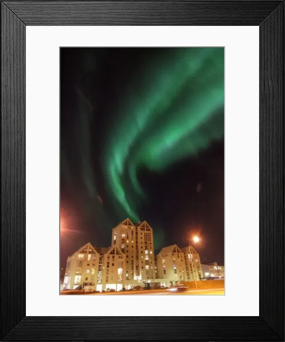 Framed Print : Reykjavik modern architecture apartment blocks and aurora borealis northern lights Framed Print : Reykjavik modern architecture apartment blocks and aurora borealis northern lights