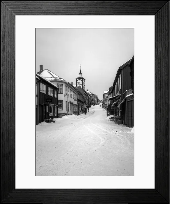Framed Print : Roros old town main church street in winter snow