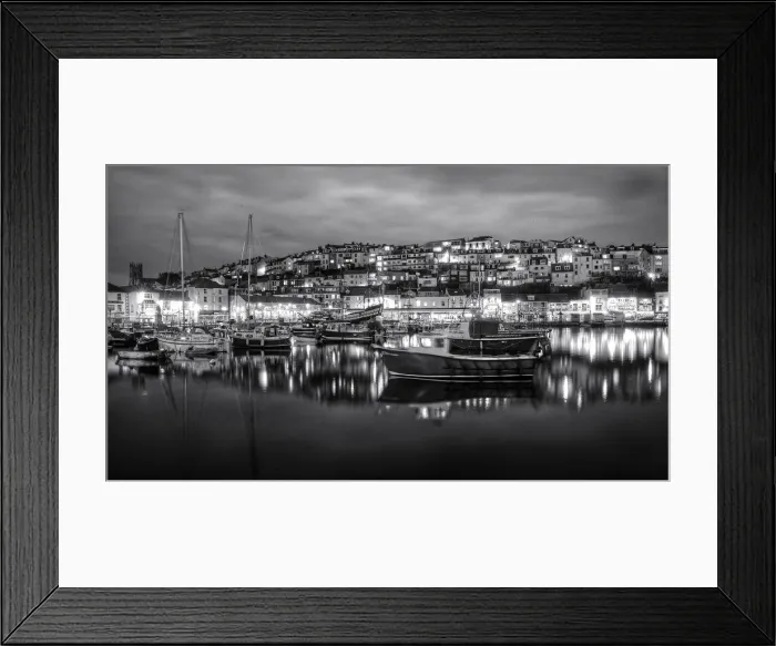 Framed Print : Brixham old town marina reflections at night Framed Print : Brixham old town marina reflections at night