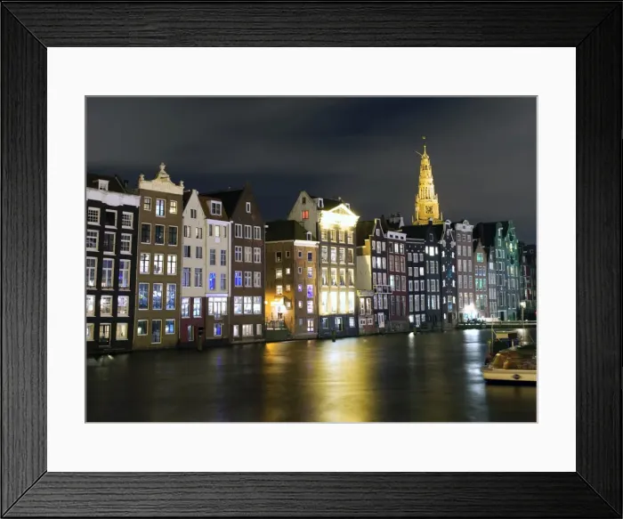 Framed Print : Amsterdam canal facing houses and Old church spire Framed Print : Amsterdam canal facing houses and Old church spire
