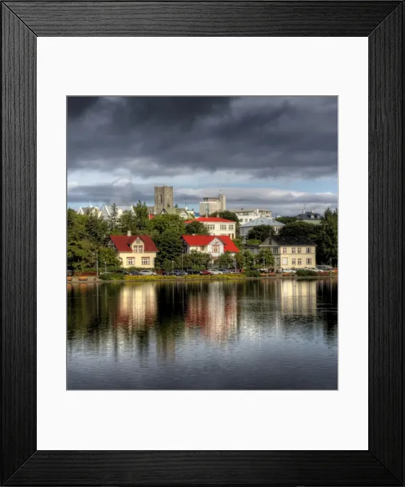 Framed Print : Reykjavik central pond old district reflections