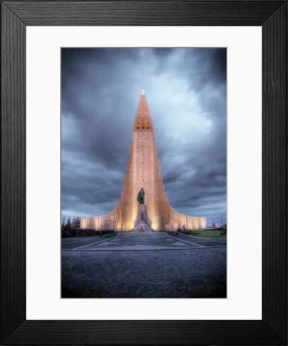 Framed Print : Hallgrimskirkja church lit at cloudy dusk Framed Print : Hallgrimskirkja church lit at cloudy dusk