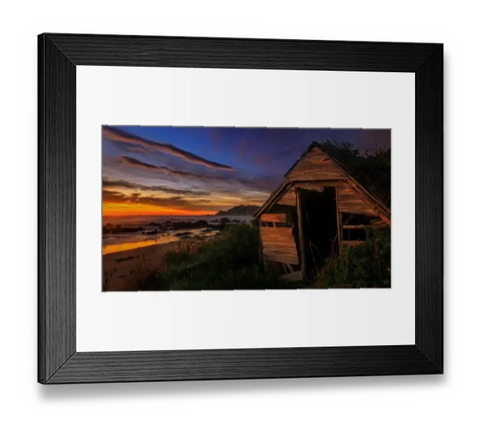 Framed Print : Nugget Point abandoned beach shack sunrise