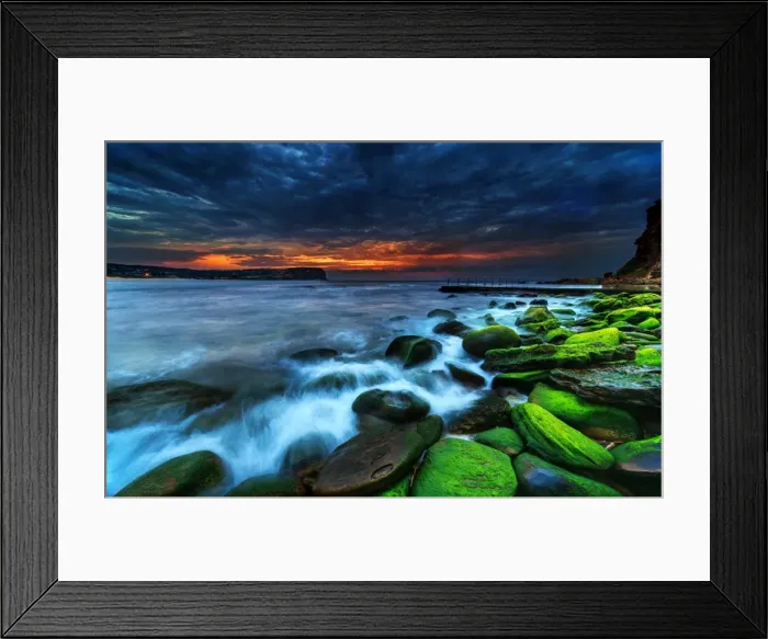 Framed Print : Green rocks moody sunrise
