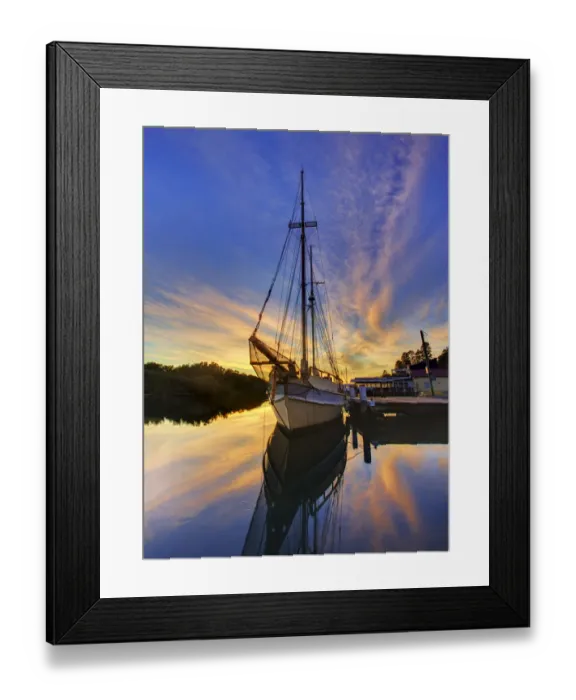 Framed Print : Yacht Sunrise Reflection