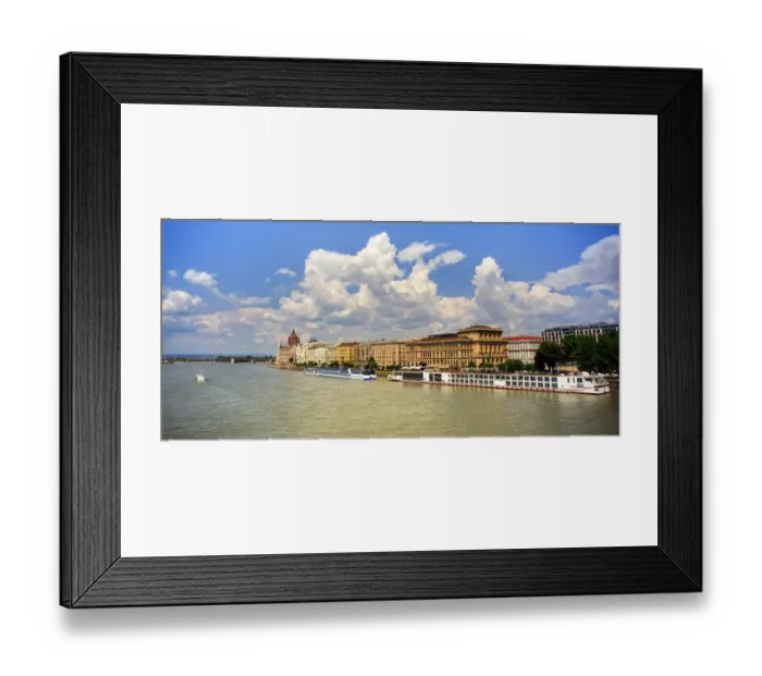 Framed Print : Budapest, Danube river and moored river cruise ships on a sunny afternoon Framed Print : Budapest, Danube river and moored river cruise ships on a sunny afternoon