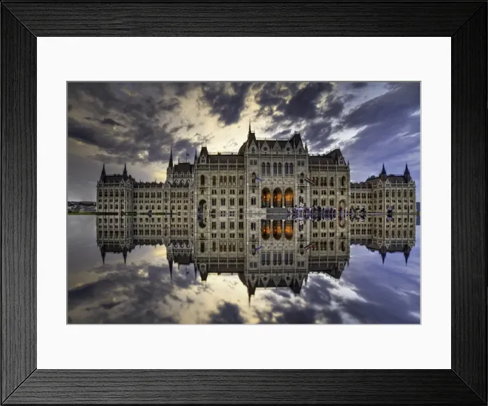 Framed Print : Hungarian Parliament Building sunset reflection