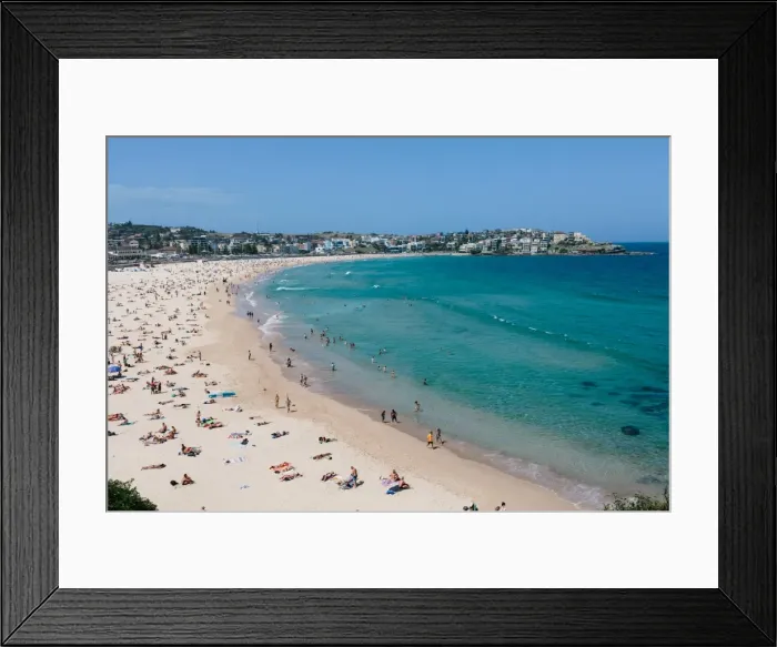 Framed Print : A view of Bondi beach and sunbathers on a bright sunny day Framed Print : A view of Bondi beach and sunbathers on a bright sunny day