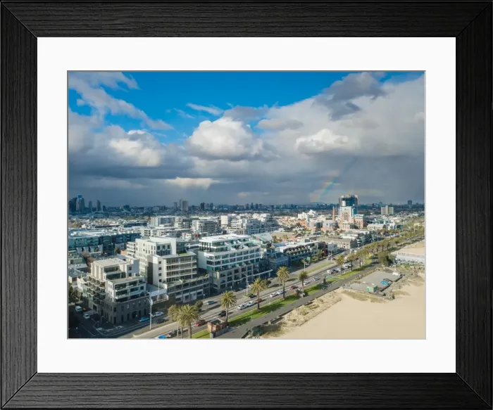 Framed Print : Aerial view of Port Melbourne and st. Kilda with rainbow