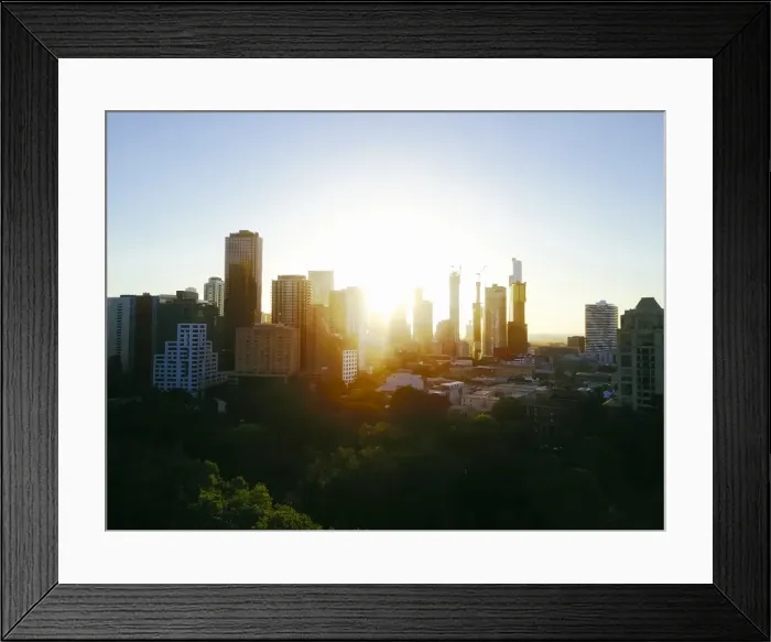 Framed Print : Sunset Aerial view of the Melbourne skyline with trees and Carlton Gardens Framed Print : Sunset Aerial view of the Melbourne skyline with trees and Carlton Gardens