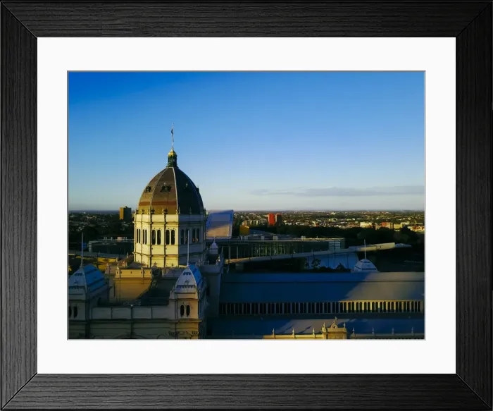 Framed Print : Sunset Aerial view of north Melbourne and the exhibition centre, Carlton gardens, Victoria Framed Print : Sunset Aerial view of north Melbourne and the exhibition centre, Carlton gardens, Victoria