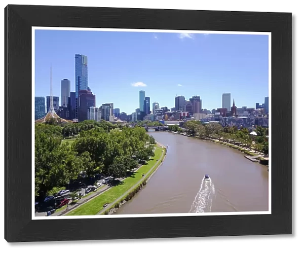 Aerial view of the Melbourne skyline and Yarra River, in a blue day, Victoria