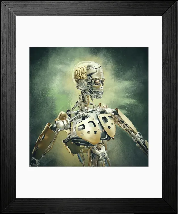 Framed Print : android, brain, close up, color image, concept, copy space, cyborg, digital composite