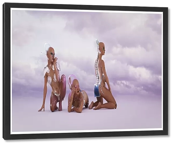 android, bald, bikini, cloud, color image, concept, copy space, cyborg, day, digital composite
