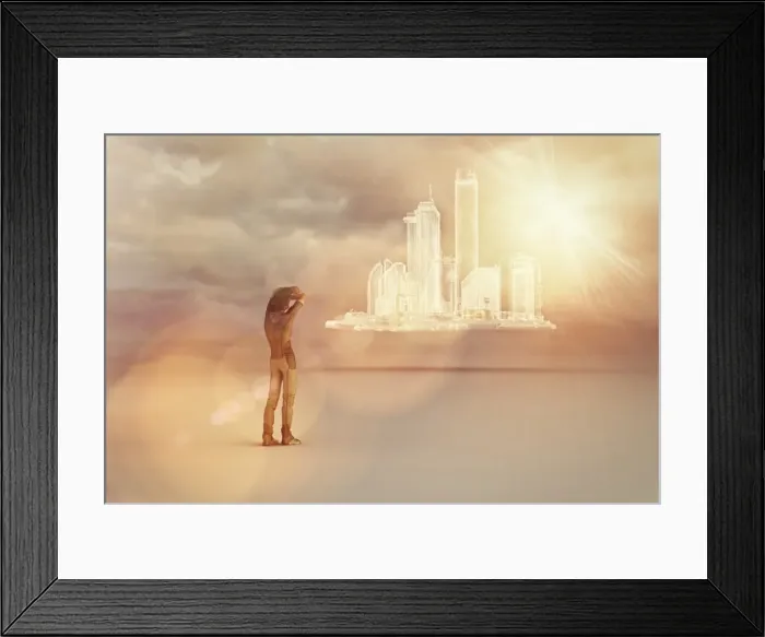 Framed Print : bright, city, cityscape, cloud, color image, concept, copy space, digital composite Framed Print : bright, city, cityscape, cloud, color image, concept, copy space, digital composite
