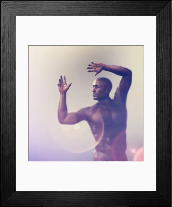 Framed Print : ar, arms raised, augmented reality, bald, bare chest, blurred, color image, concept Framed Print : ar, arms raised, augmented reality, bald, bare chest, blurred, color image, concept