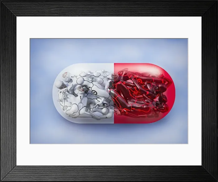 Framed Print : ai, artificial intelligence, black, capsule, color image, concept, cure, cyborg, digital composite