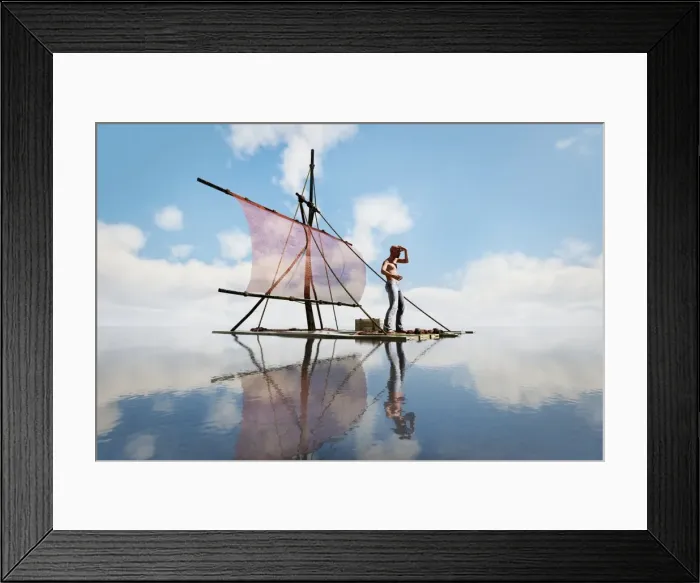 Framed Print : blue, boat, calm, cloud, color image, computer graphic, concept, copy space, digital composite