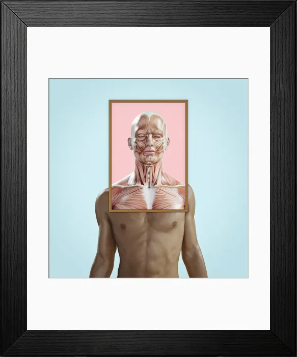 Framed Print : bare chest, blue background, body, chest, close up, color image, concept, copy space