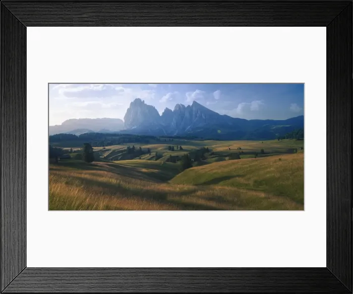 Framed Print : Valley in Val Gardena, with Langkofel  /  Sassolungo mountain in the background