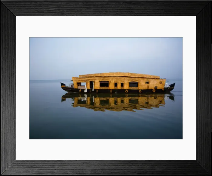 Framed Print : Houseboat Crusing By on Vembanadu Lake in the Misty Morning, Kumarakom, Kottayam, Kerala Backwaters, India